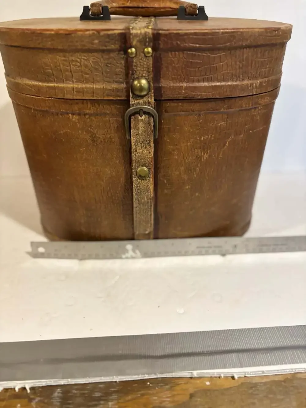 Vintage Oval Leather Hat Box with Brass Buckle and Burgundy Lining